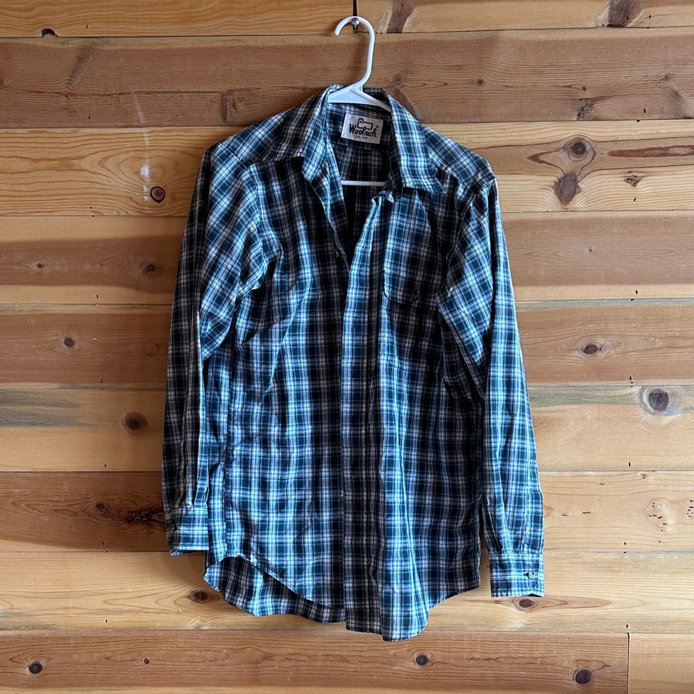 Woolrich Men's Black and Blue Plaid Shirt